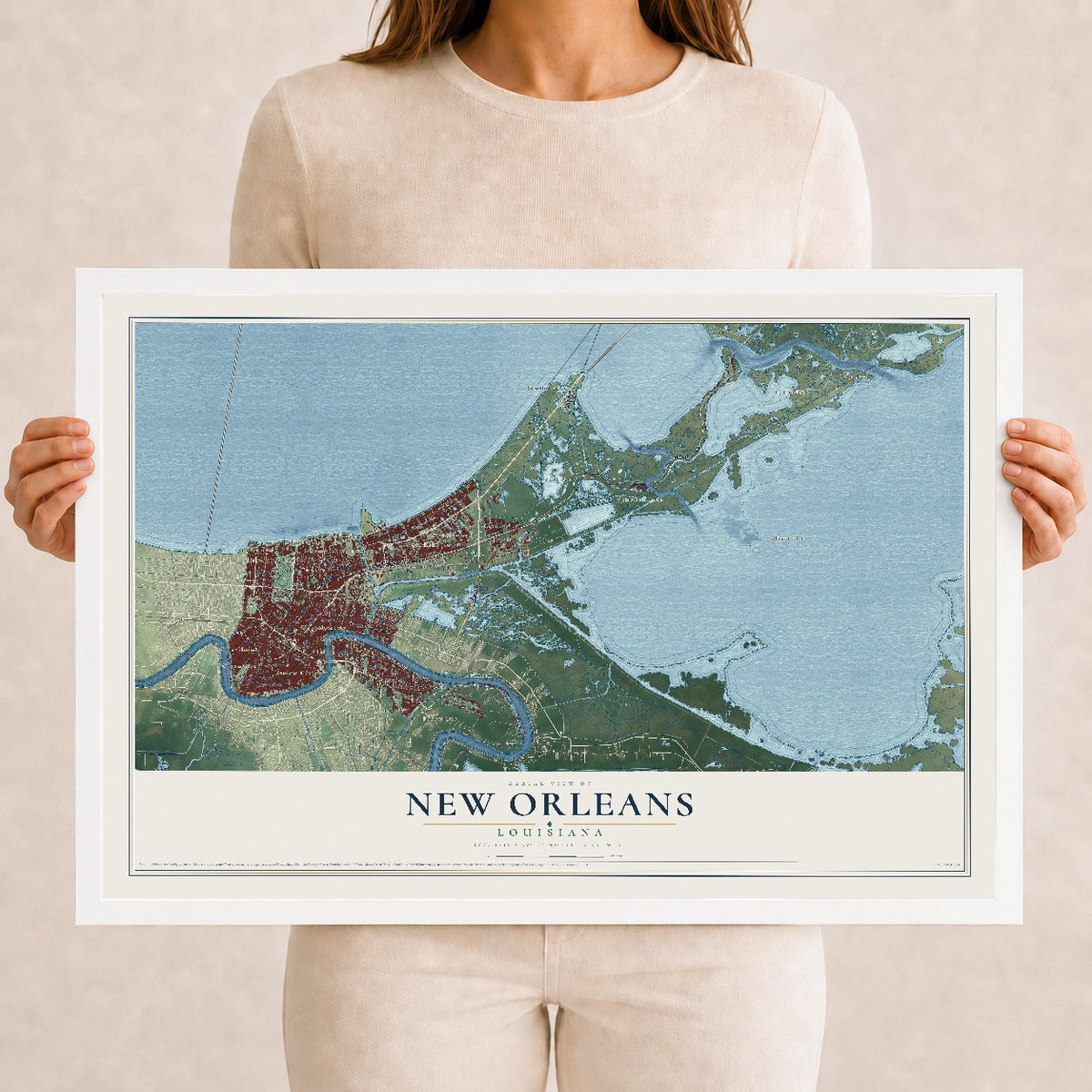 Map of New Orleans, Louisiana, 12 x 18 inch print in a white wood frame