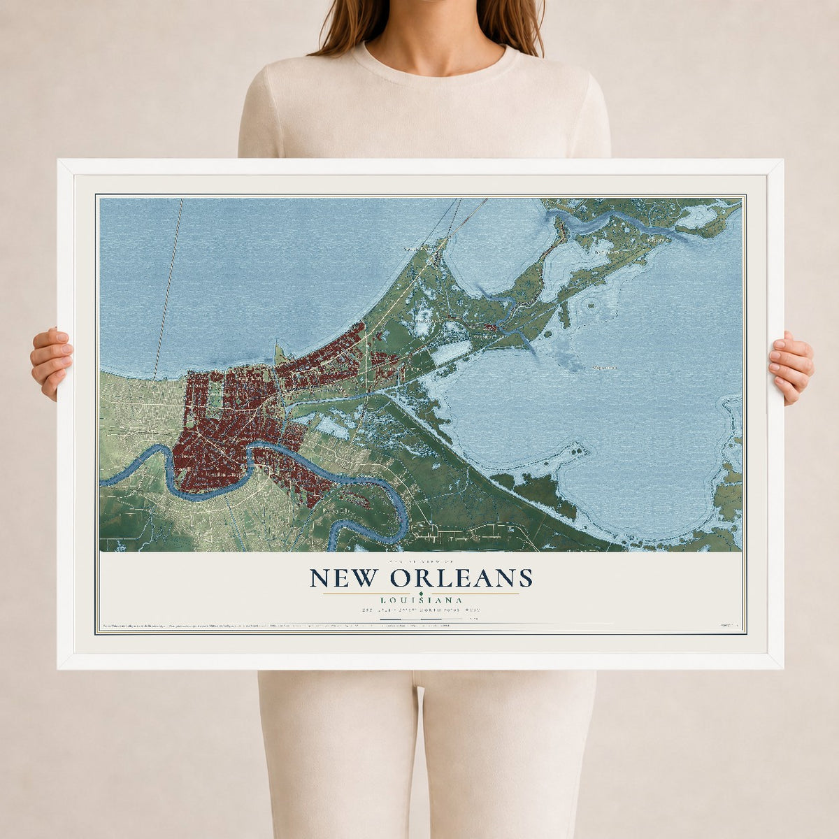 Map of New Orleans, Louisiana, 24 x 36 inch print in a white wood frame