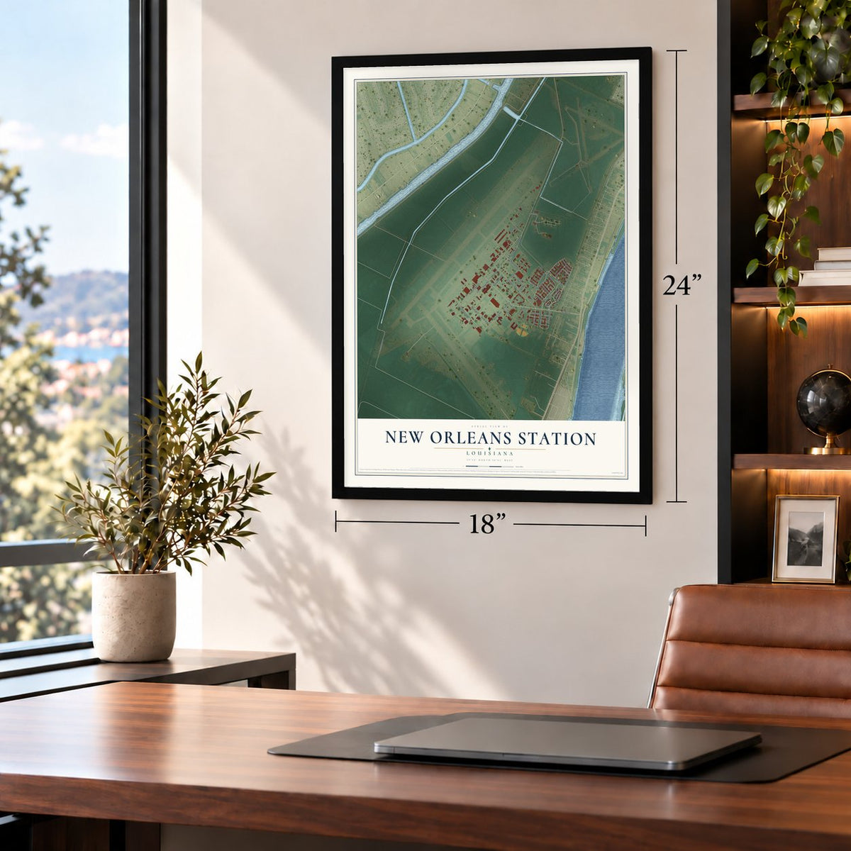 New Orleans Station, Louisiana map, 18 x 24 inch print in a black frame in a home office