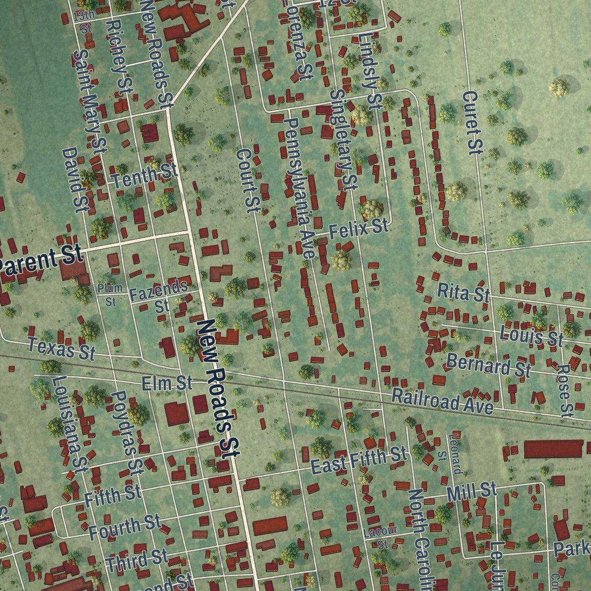 Close-up of the map of New Roads, Louisiana print showing street and building detail