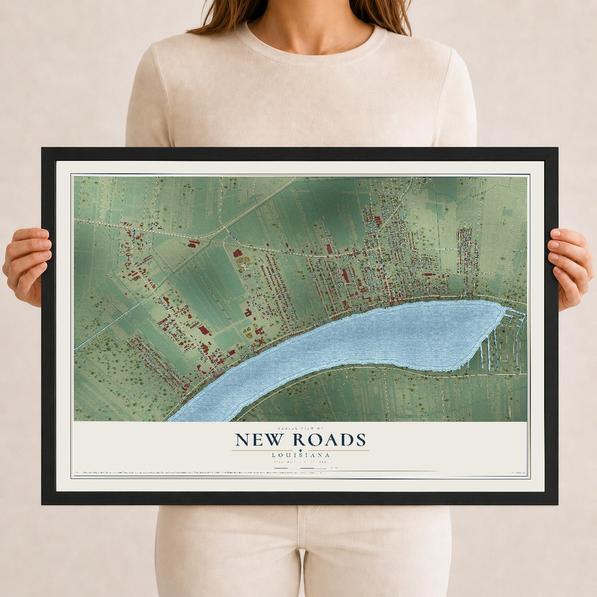 Map of New Roads, Louisiana, 12 x 18 inch print in a black wood frame