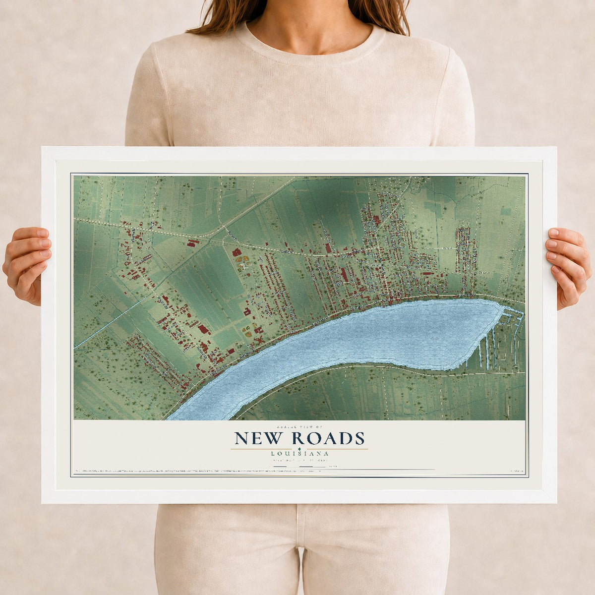 Map of New Roads, Louisiana, 12 x 18 inch print in a white wood frame