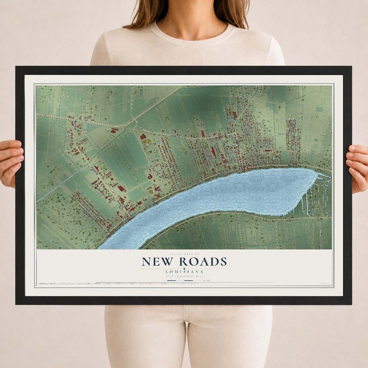 Map of New Roads, Louisiana, 18 x 24 inch print in a black wood frame