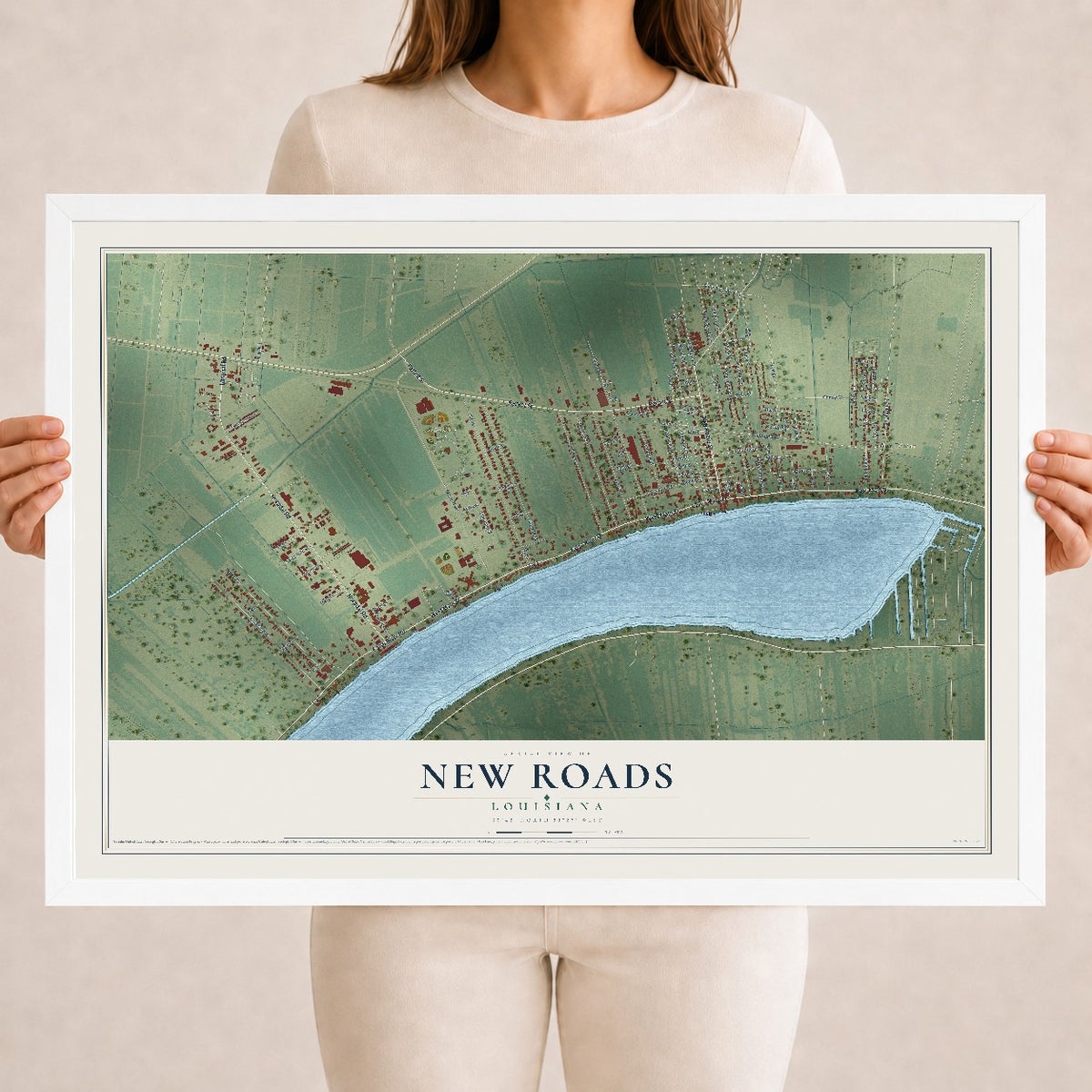 Map of New Roads, Louisiana, 18 x 24 inch print in a white wood frame