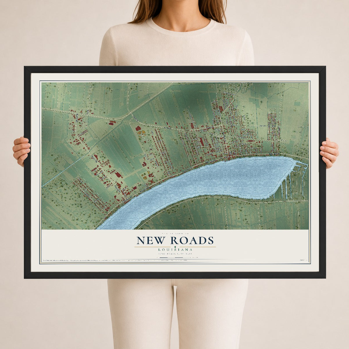 Map of New Roads, Louisiana, 24 x 36 inch print in a black wood frame