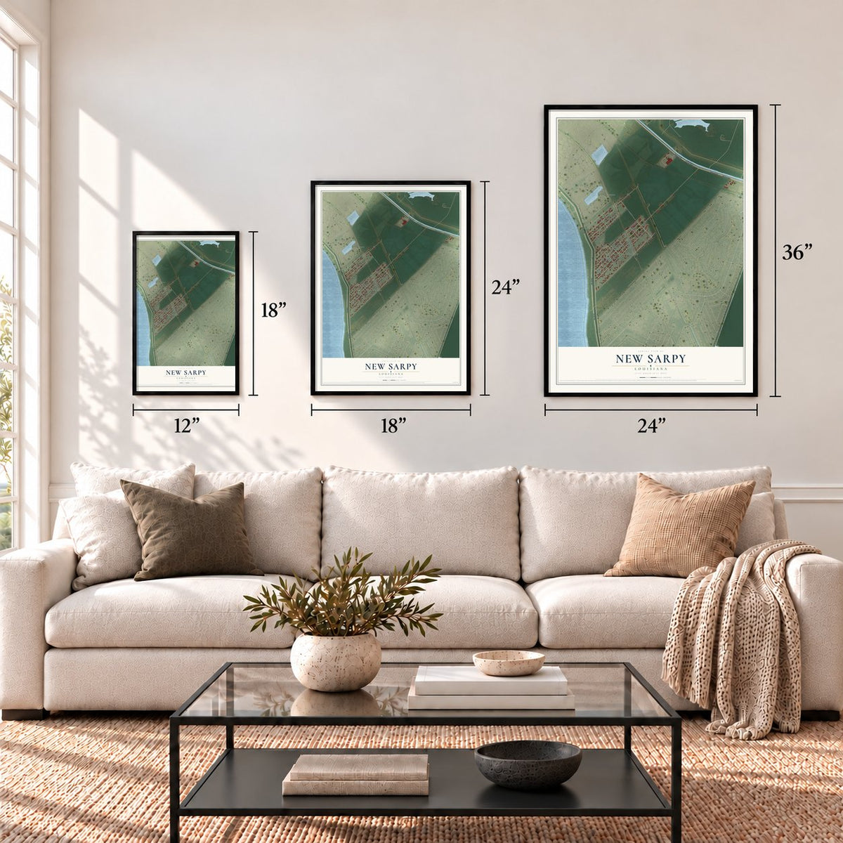 New Sarpy, Louisiana map in 12 x 18, 18 x 24 and 24 x 36 inch sizes above a sofa