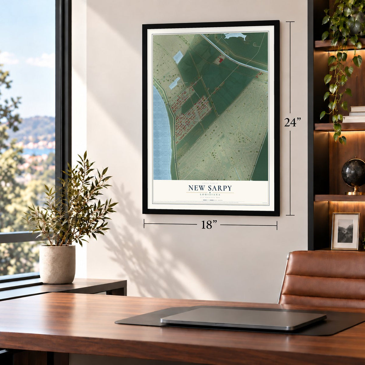 New Sarpy, Louisiana map, 18 x 24 inch print in a black frame in a home office
