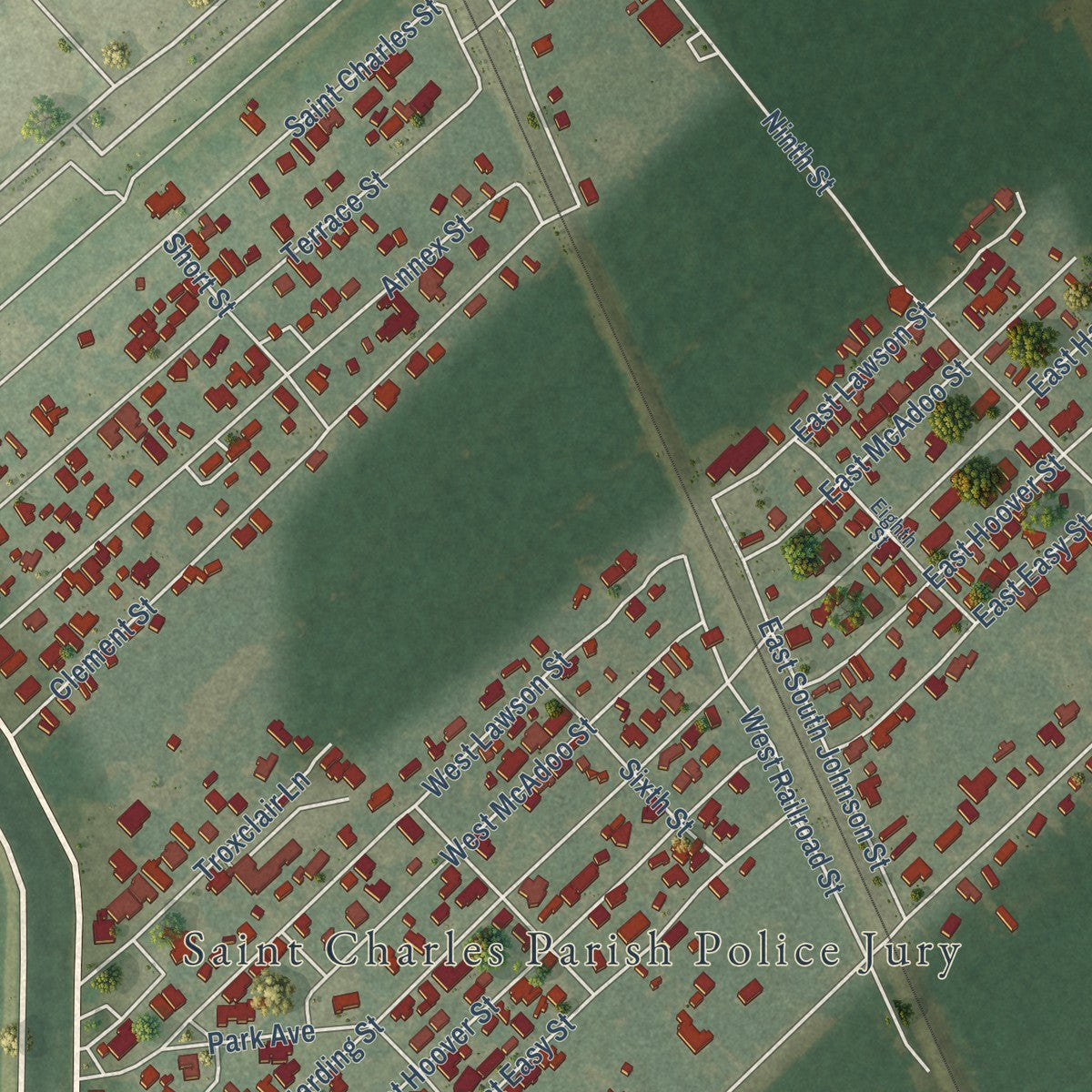 Close-up of the map of New Sarpy, Louisiana print showing street and building detail