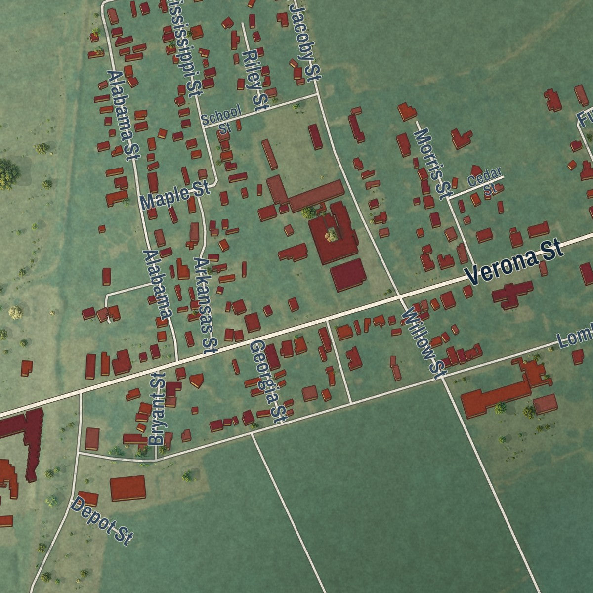 Second close-up of the map of Newellton, Louisiana print showing more streets and buildings
