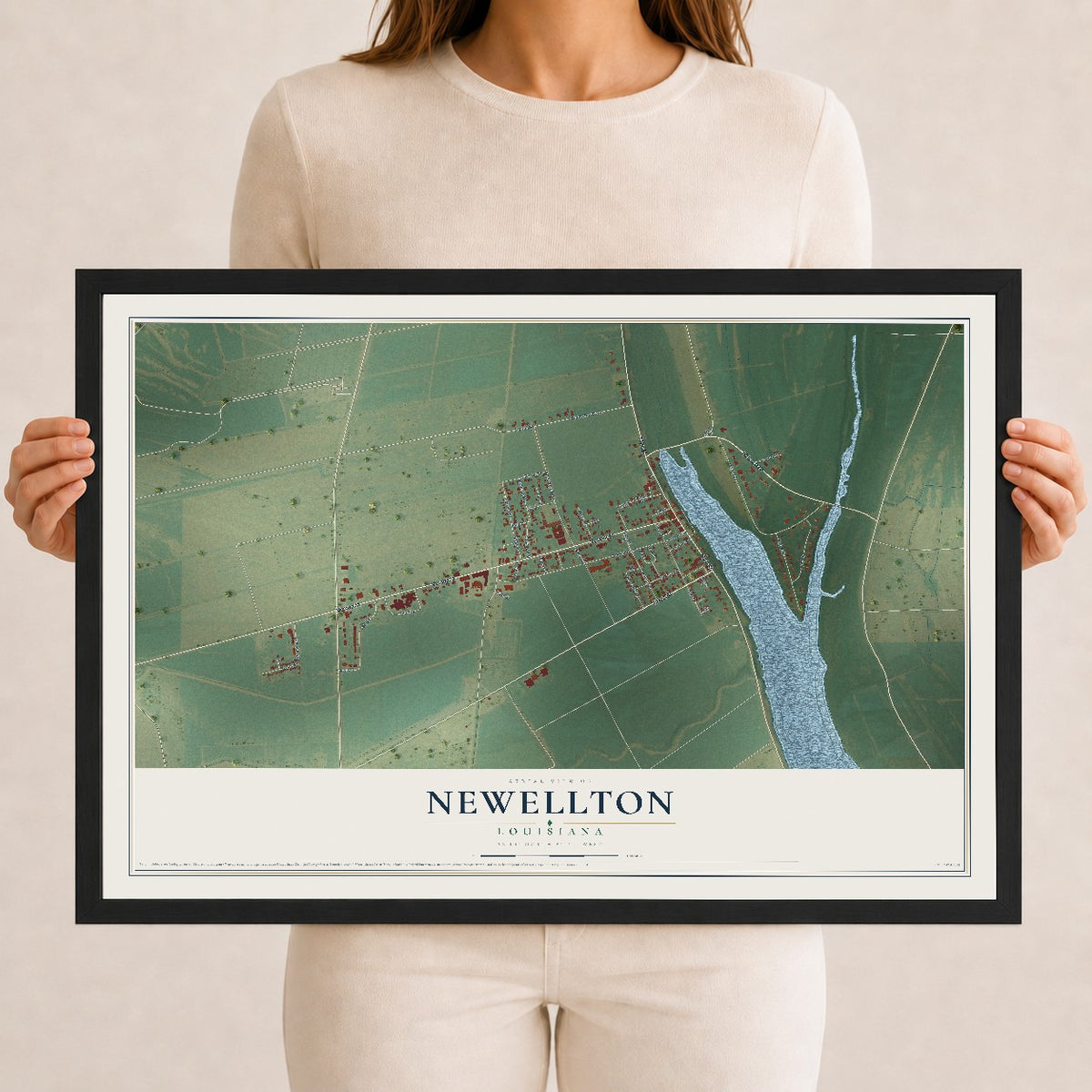 Map of Newellton, Louisiana, 12 x 18 inch print in a black wood frame