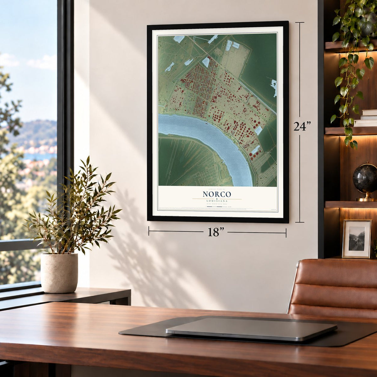 Norco, Louisiana map, 18 x 24 inch print in a black frame in a home office