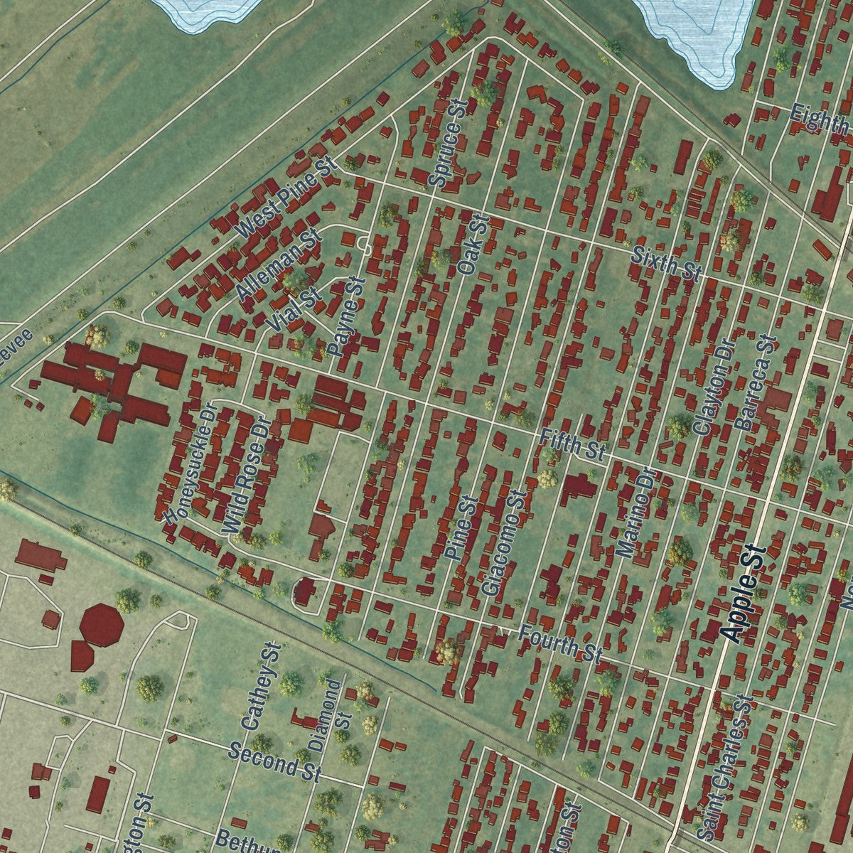Close-up of the map of Norco, Louisiana print showing street and building detail