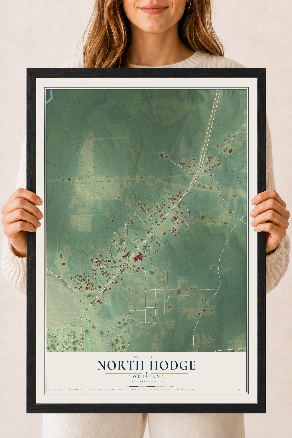 Map of North Hodge, Louisiana, 18 x 24 inch print in a black wood frame