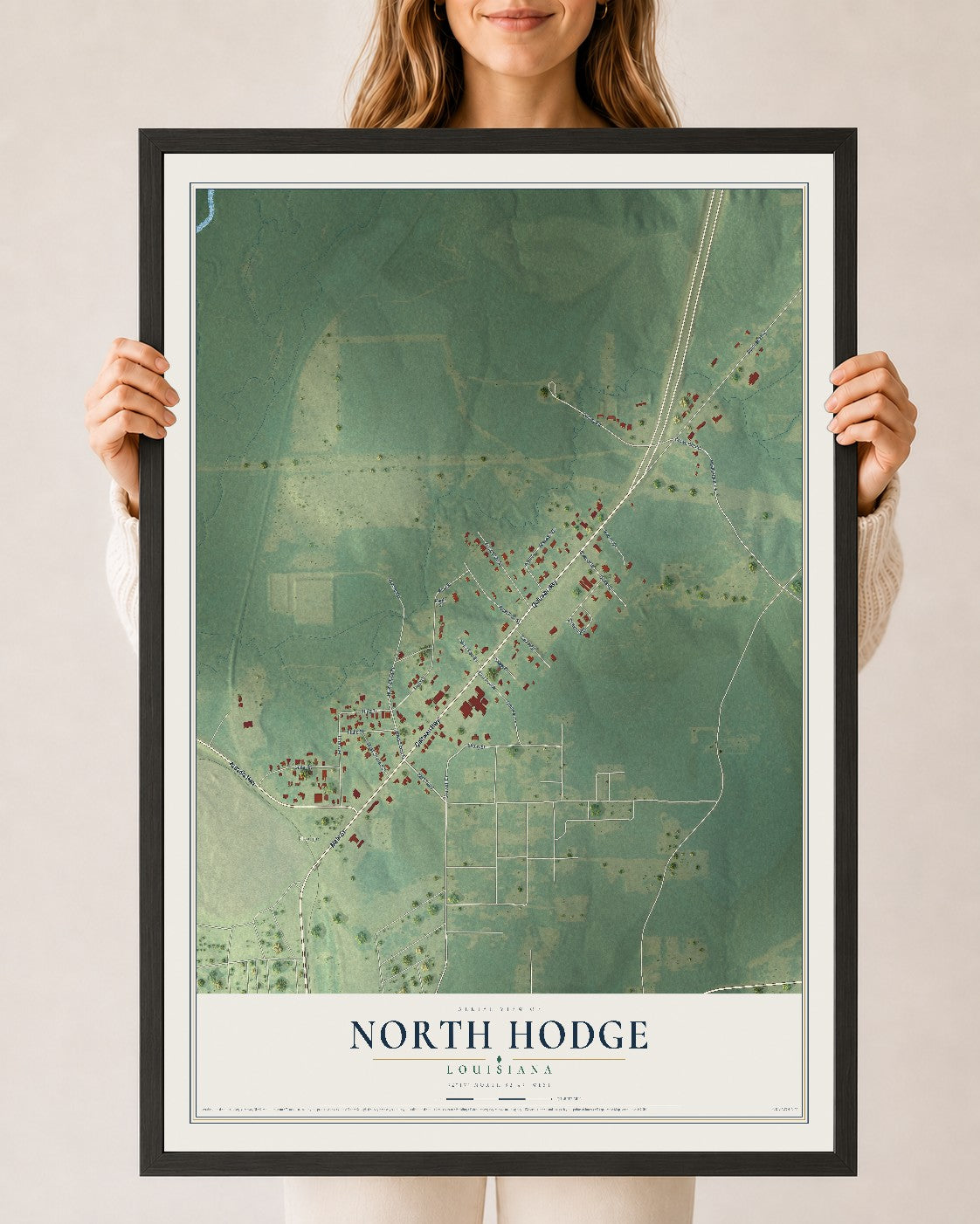 Map of North Hodge, Louisiana, 24 x 36 inch print in a black wood frame