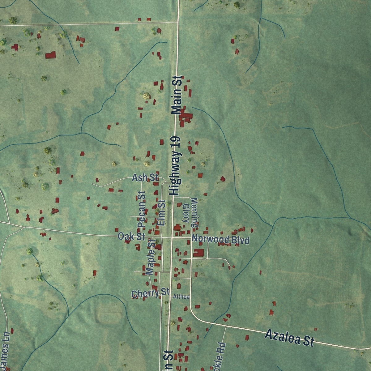 Close-up of the map of Norwood, Louisiana print showing street and building detail