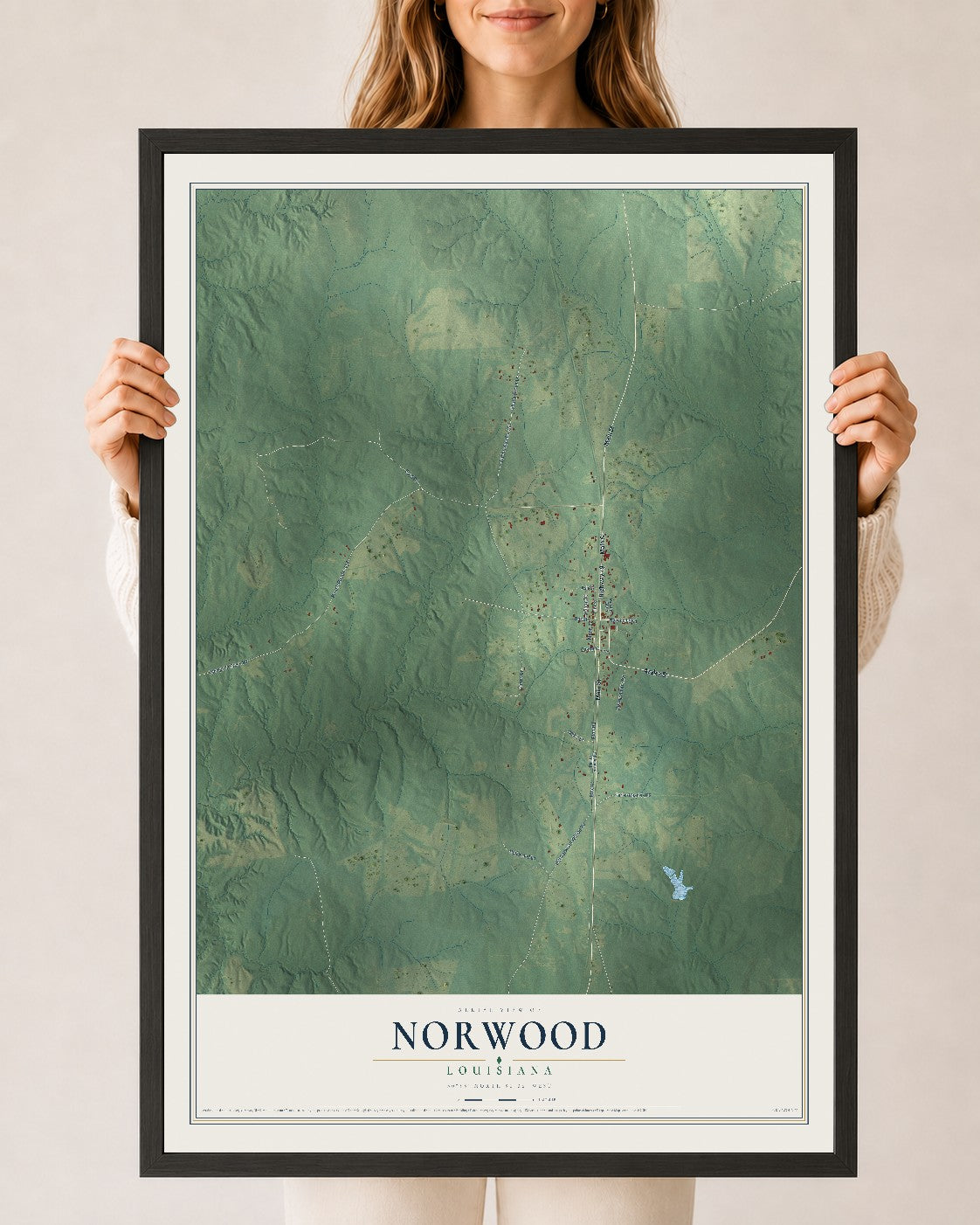 Map of Norwood, Louisiana, 24 x 36 inch print in a black wood frame