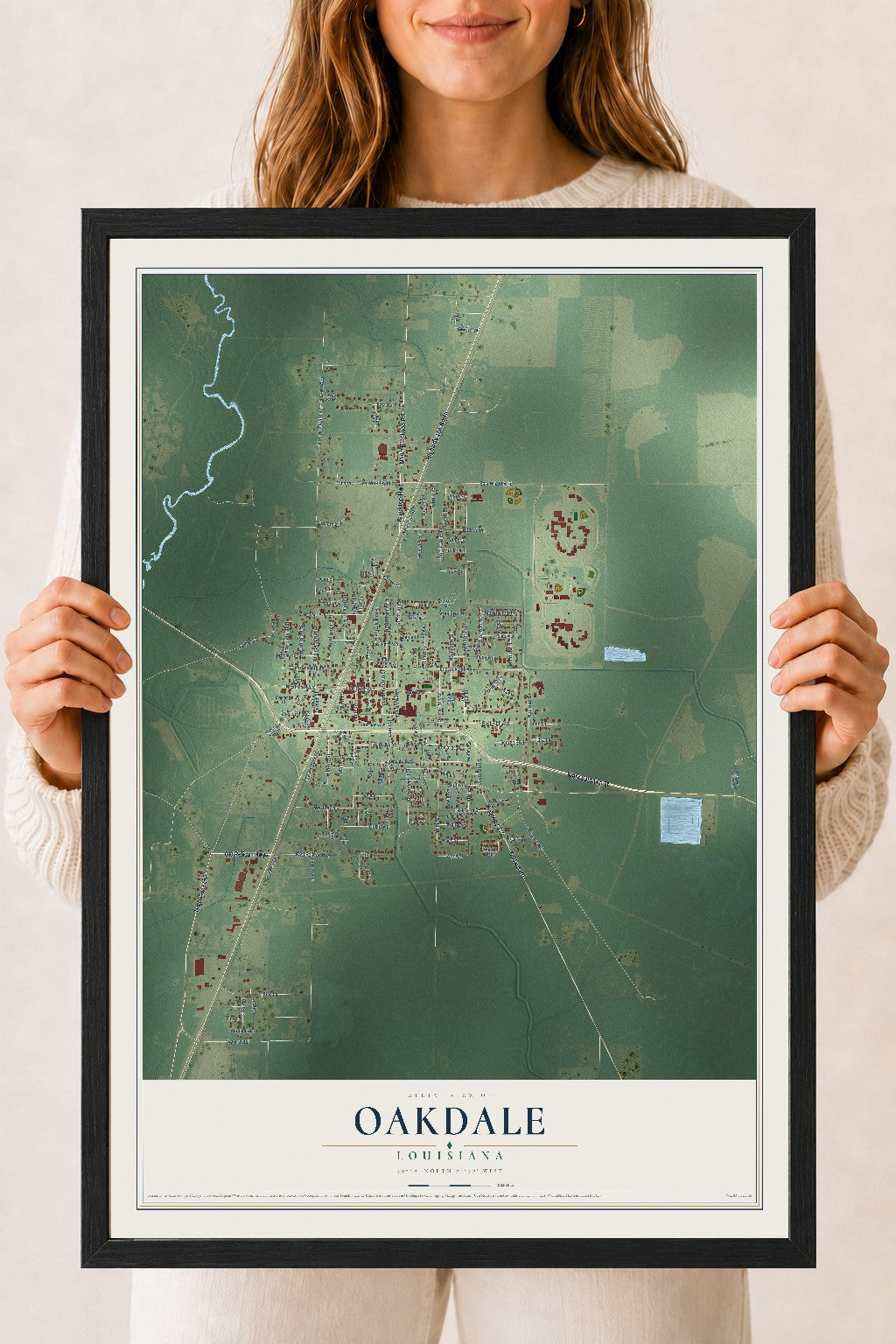 Map of Oakdale, Louisiana, 18 x 24 inch print in a black wood frame