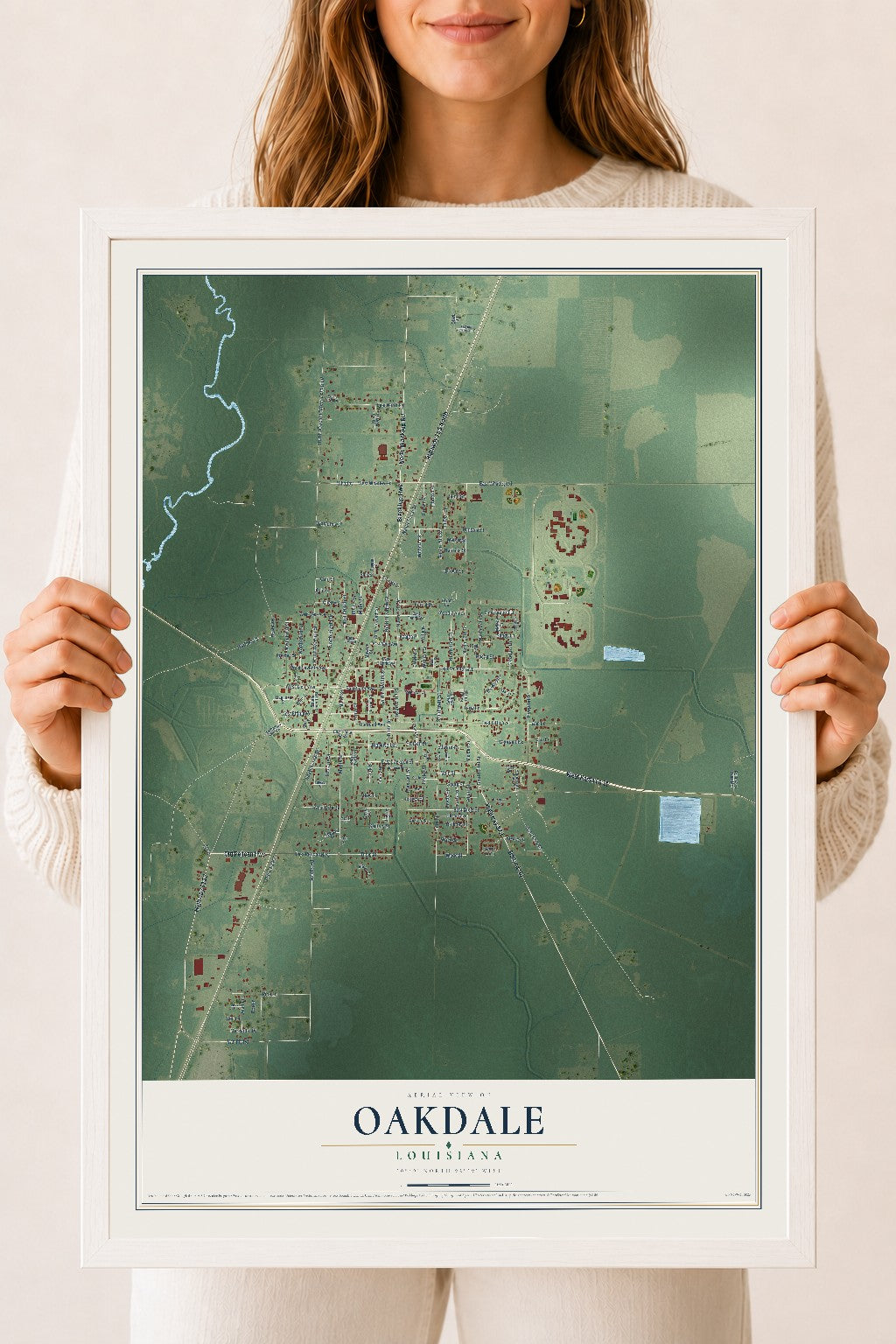 Map of Oakdale, Louisiana, 18 x 24 inch print in a white wood frame