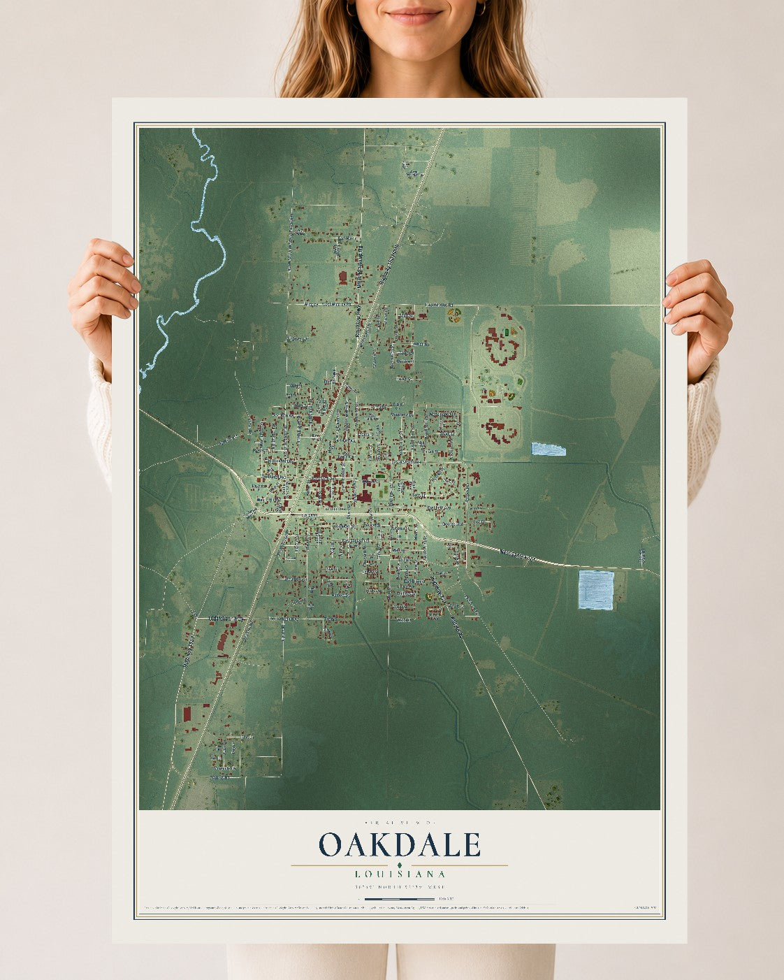 Map of Oakdale, Louisiana, 24 x 36 inch unframed archival matte print