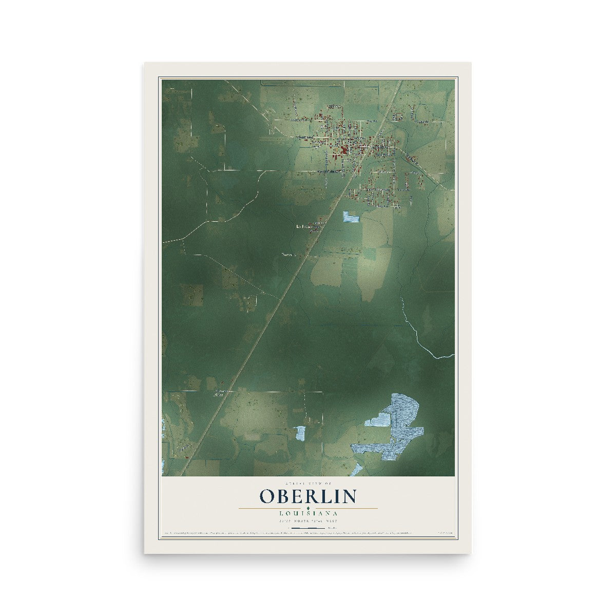 Map of Oberlin, Louisiana, 12 x 18 inch unframed archival matte print