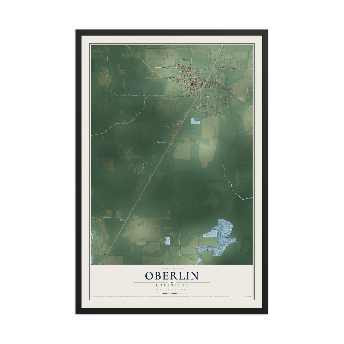 Map of Oberlin, Louisiana, 12 x 18 inch print in a black wood frame