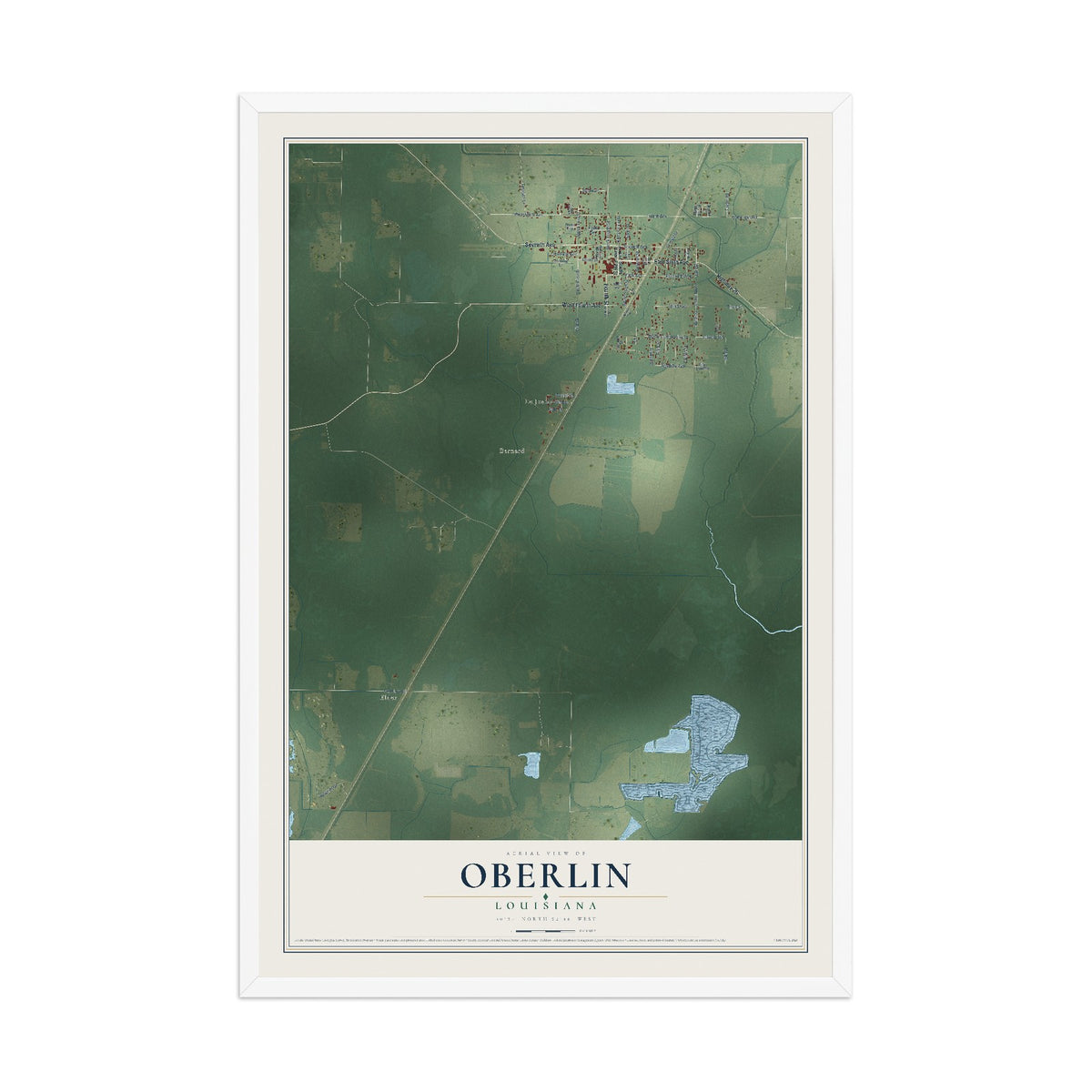 Map of Oberlin, Louisiana, 12 x 18 inch print in a white wood frame