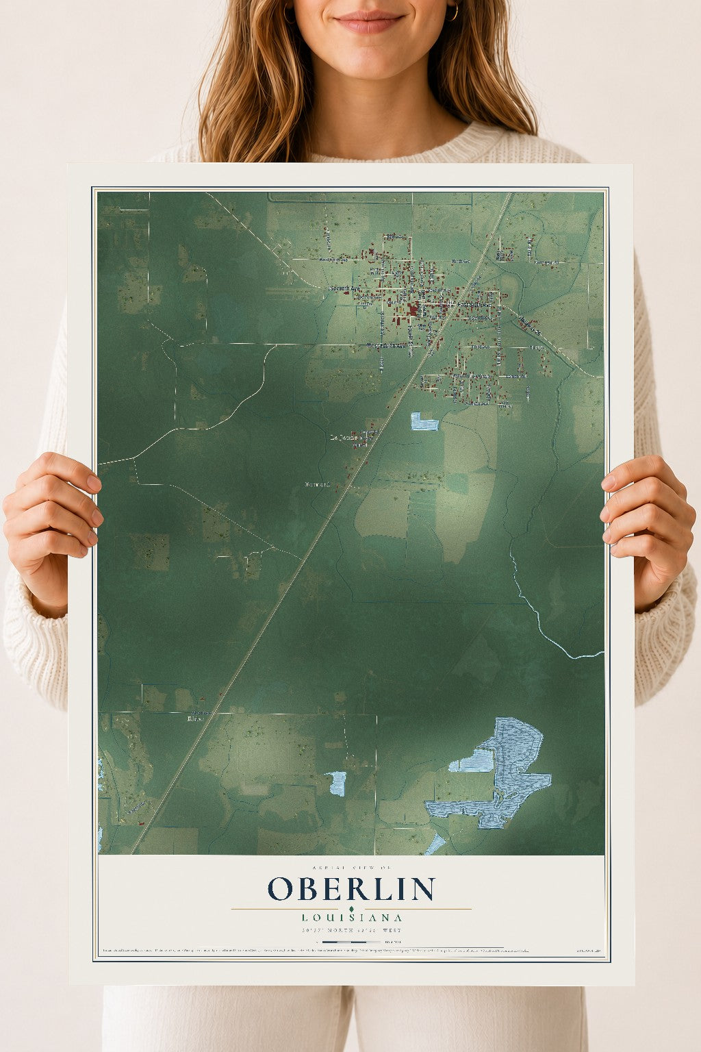 Map of Oberlin, Louisiana, 18 x 24 inch unframed archival matte print