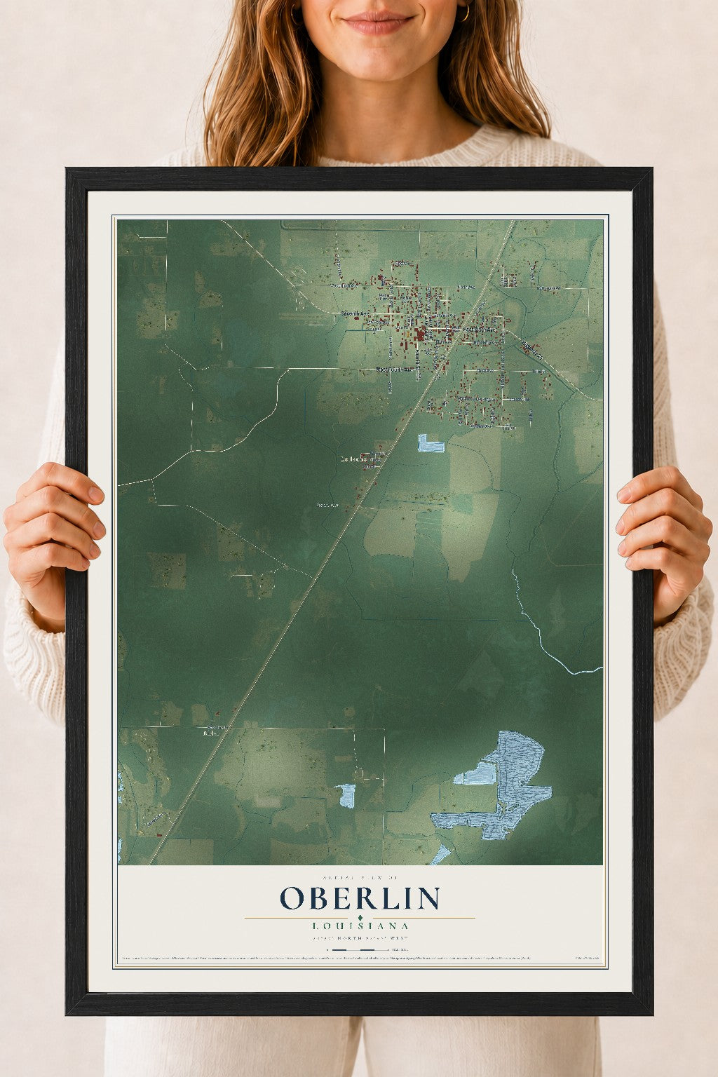 Map of Oberlin, Louisiana, 18 x 24 inch print in a black wood frame