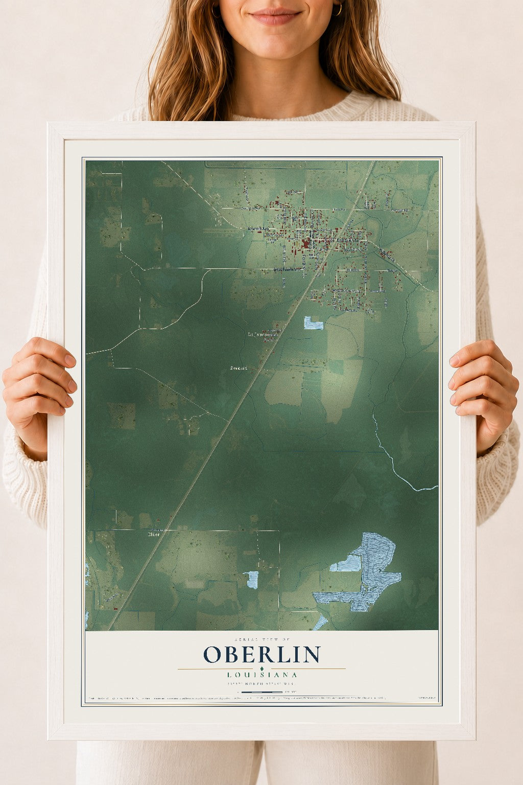 Map of Oberlin, Louisiana, 18 x 24 inch print in a white wood frame