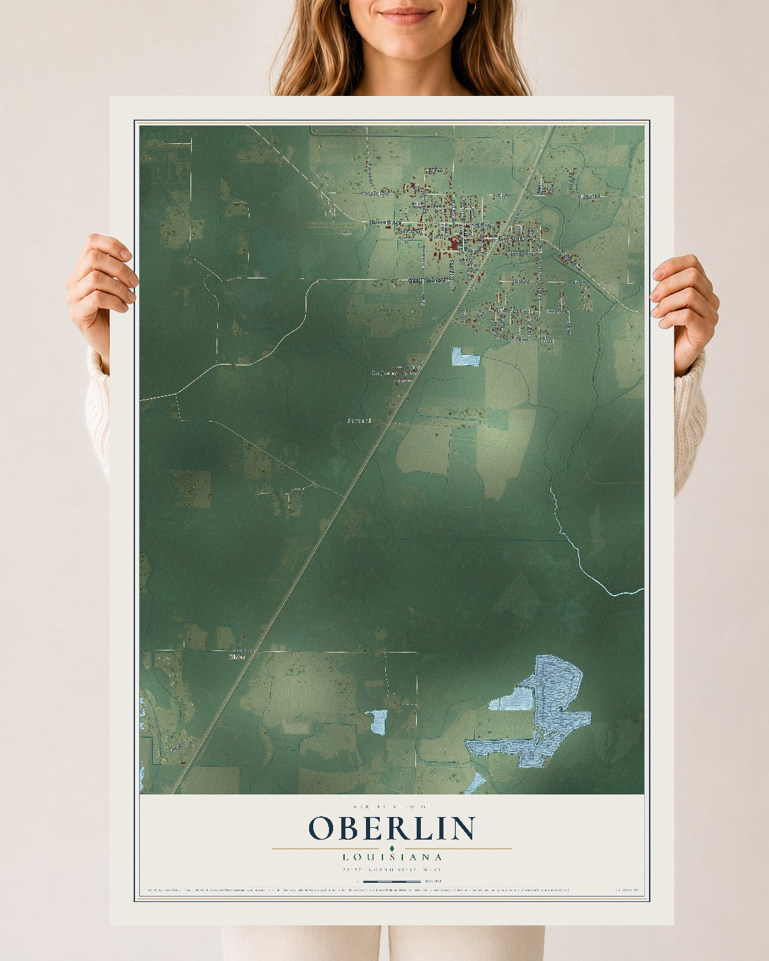 Map of Oberlin, Louisiana, 24 x 36 inch unframed archival matte print