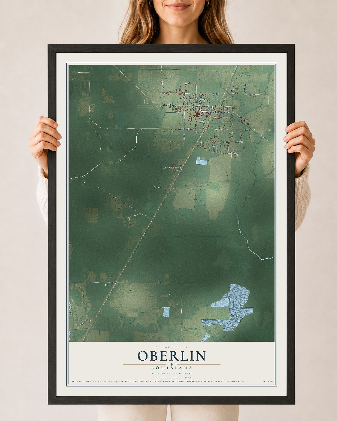 Map of Oberlin, Louisiana, 24 x 36 inch print in a black wood frame