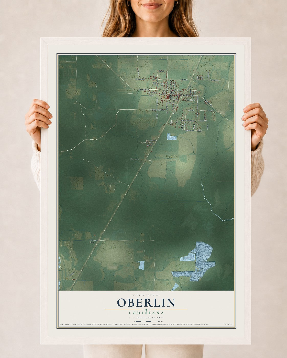 Map of Oberlin, Louisiana, 24 x 36 inch print in a white wood frame