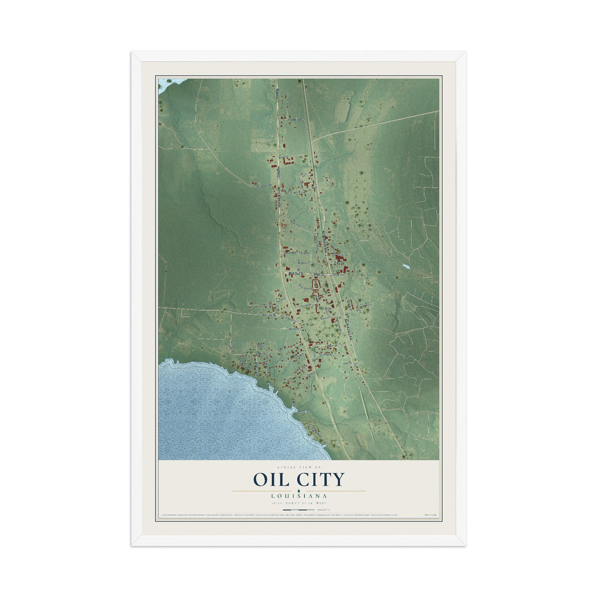 Map of Oil City, Louisiana, 12 x 18 inch print in a white wood frame