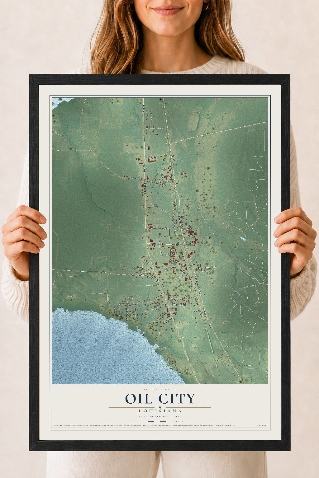 Map of Oil City, Louisiana, 18 x 24 inch print in a black wood frame