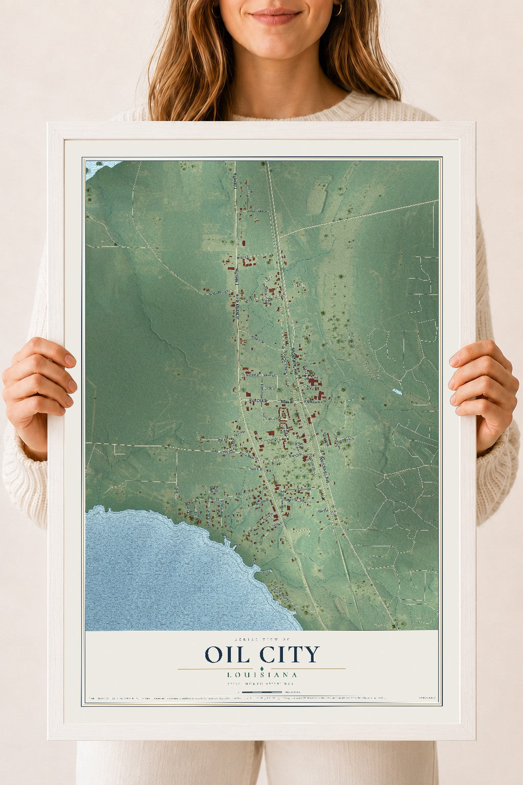 Map of Oil City, Louisiana, 18 x 24 inch print in a white wood frame
