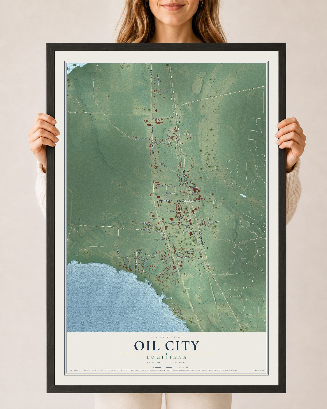 Map of Oil City, Louisiana, 24 x 36 inch print in a black wood frame
