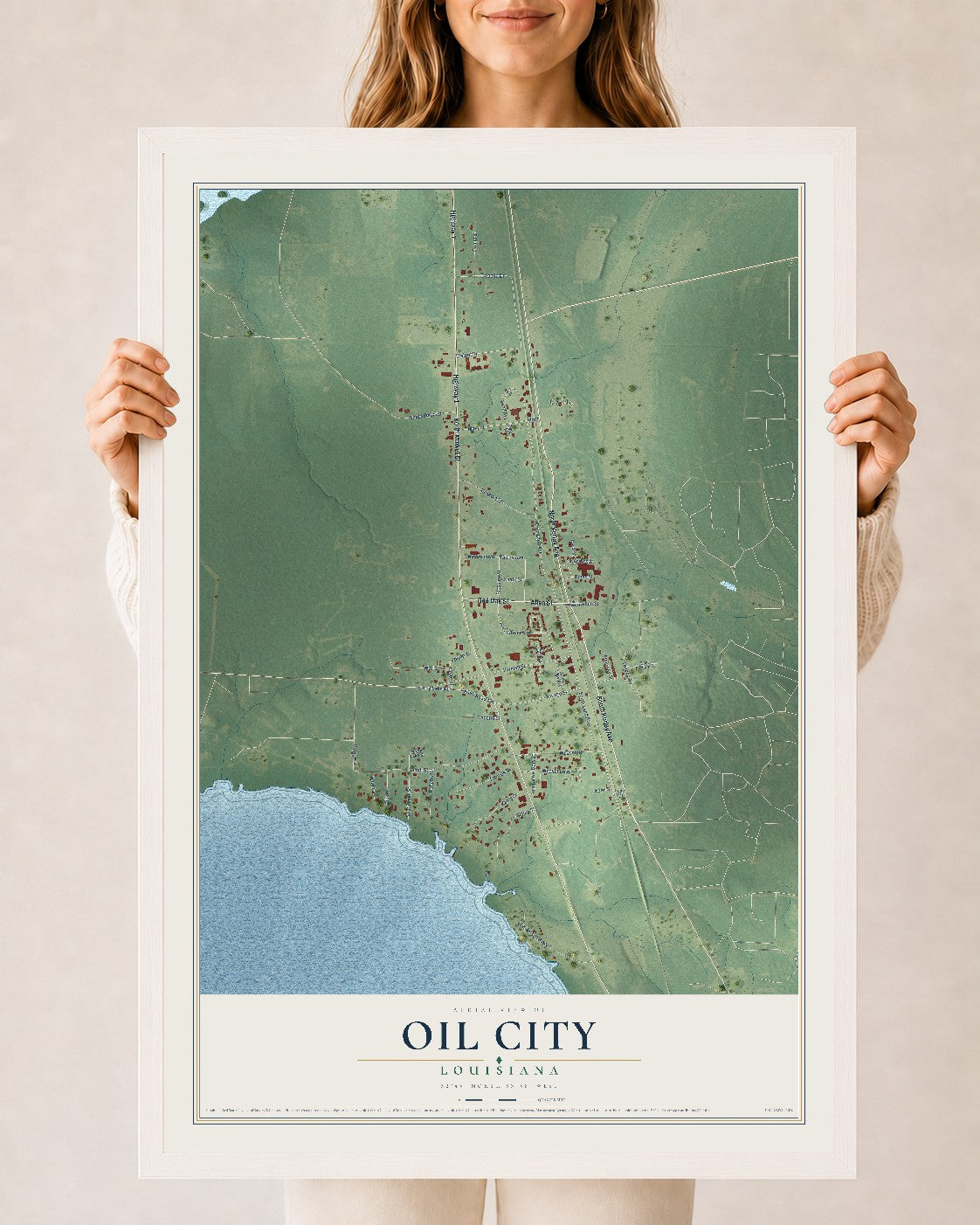 Map of Oil City, Louisiana, 24 x 36 inch print in a white wood frame