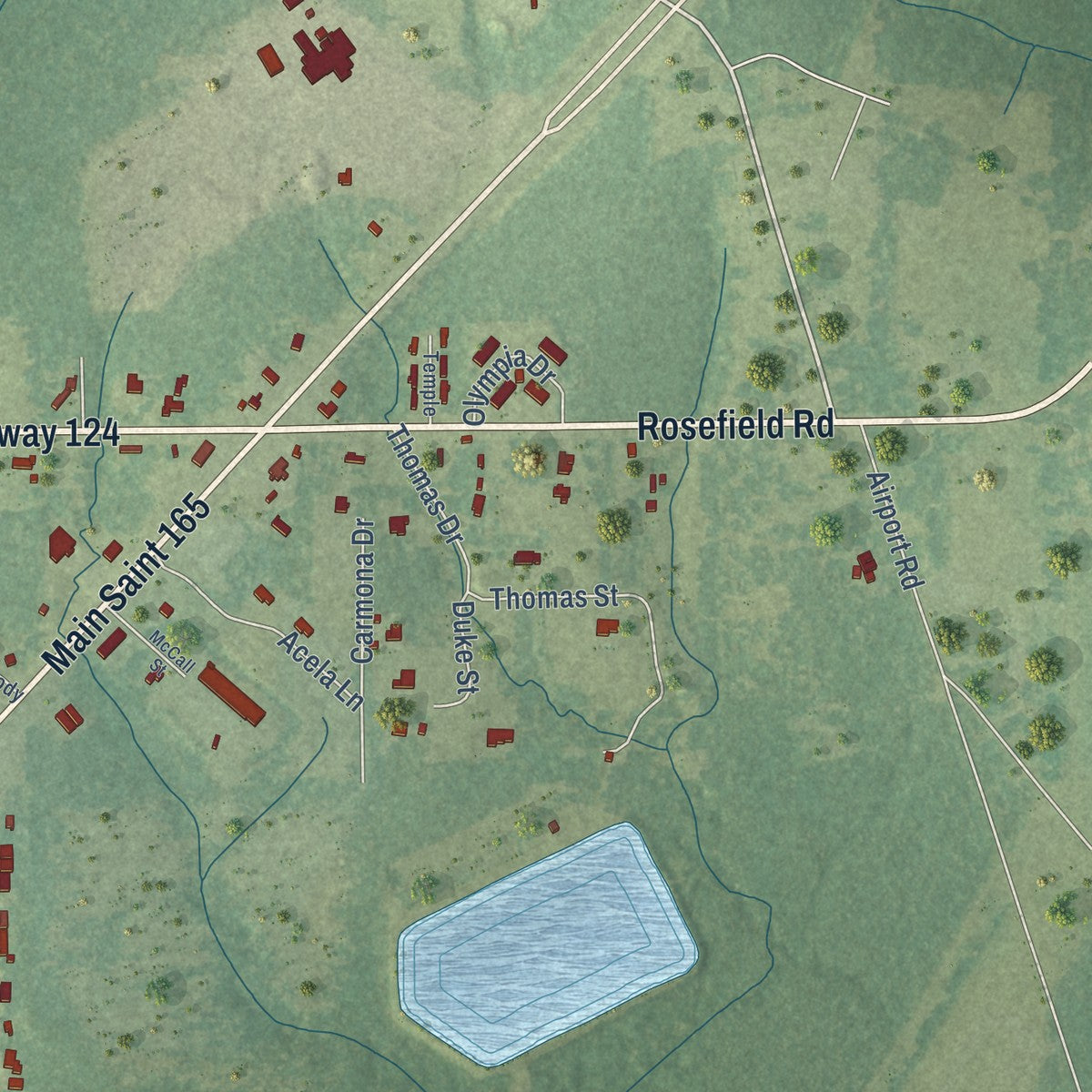 Second close-up of the map of Olla, Louisiana print showing more streets and buildings