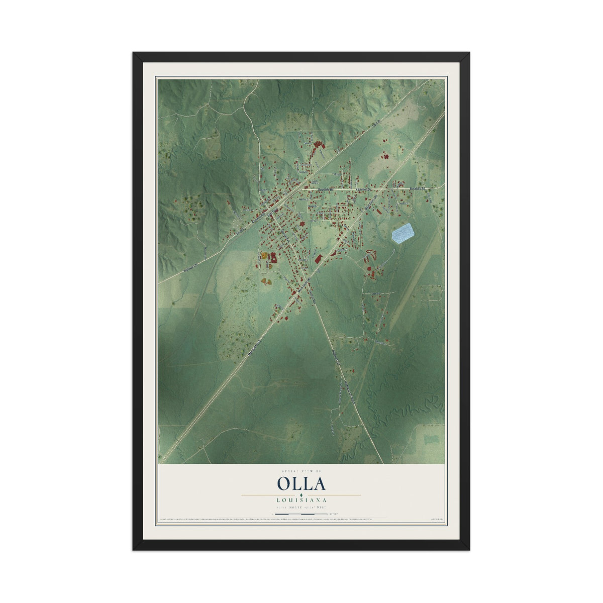 Map of Olla, Louisiana, 12 x 18 inch print in a black wood frame