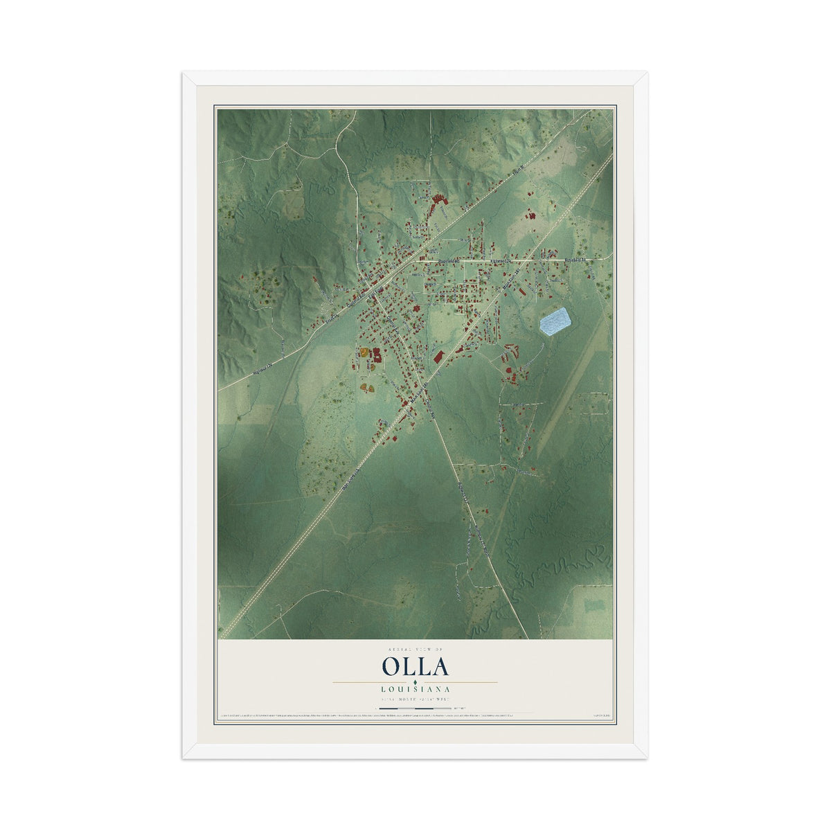 Map of Olla, Louisiana, 12 x 18 inch print in a white wood frame