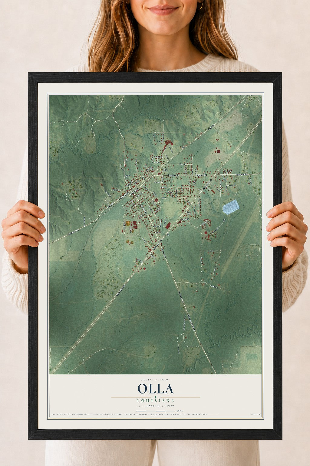 Map of Olla, Louisiana, 18 x 24 inch print in a black wood frame