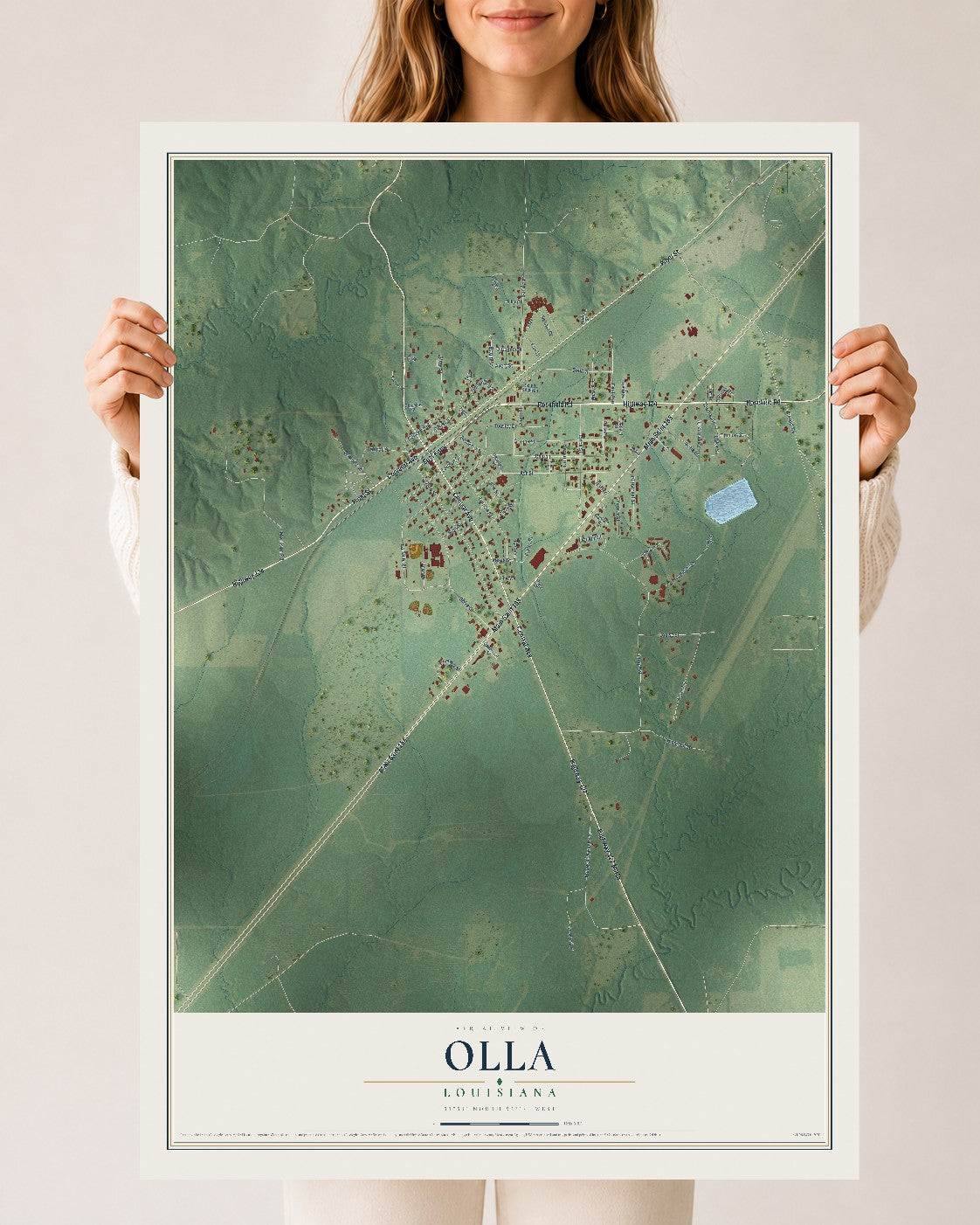 Map of Olla, Louisiana, 24 x 36 inch unframed archival matte print
