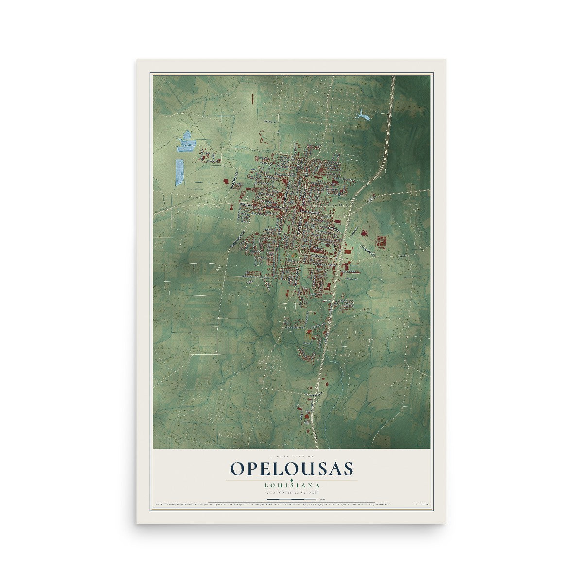 Map of Opelousas, Louisiana, 12 x 18 inch unframed archival matte print