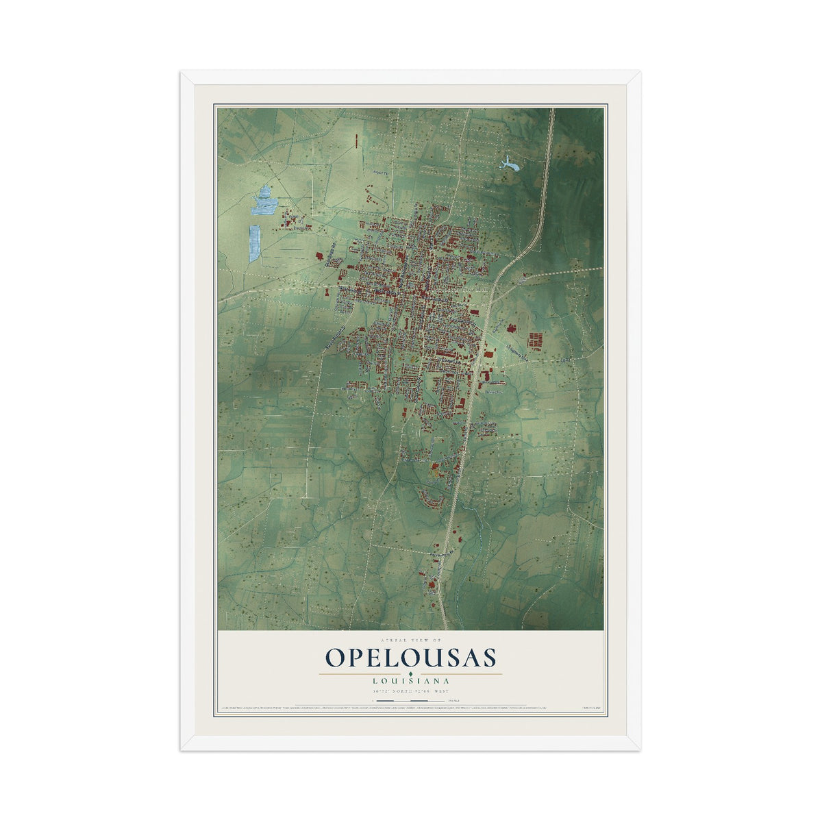 Map of Opelousas, Louisiana, 12 x 18 inch print in a white wood frame
