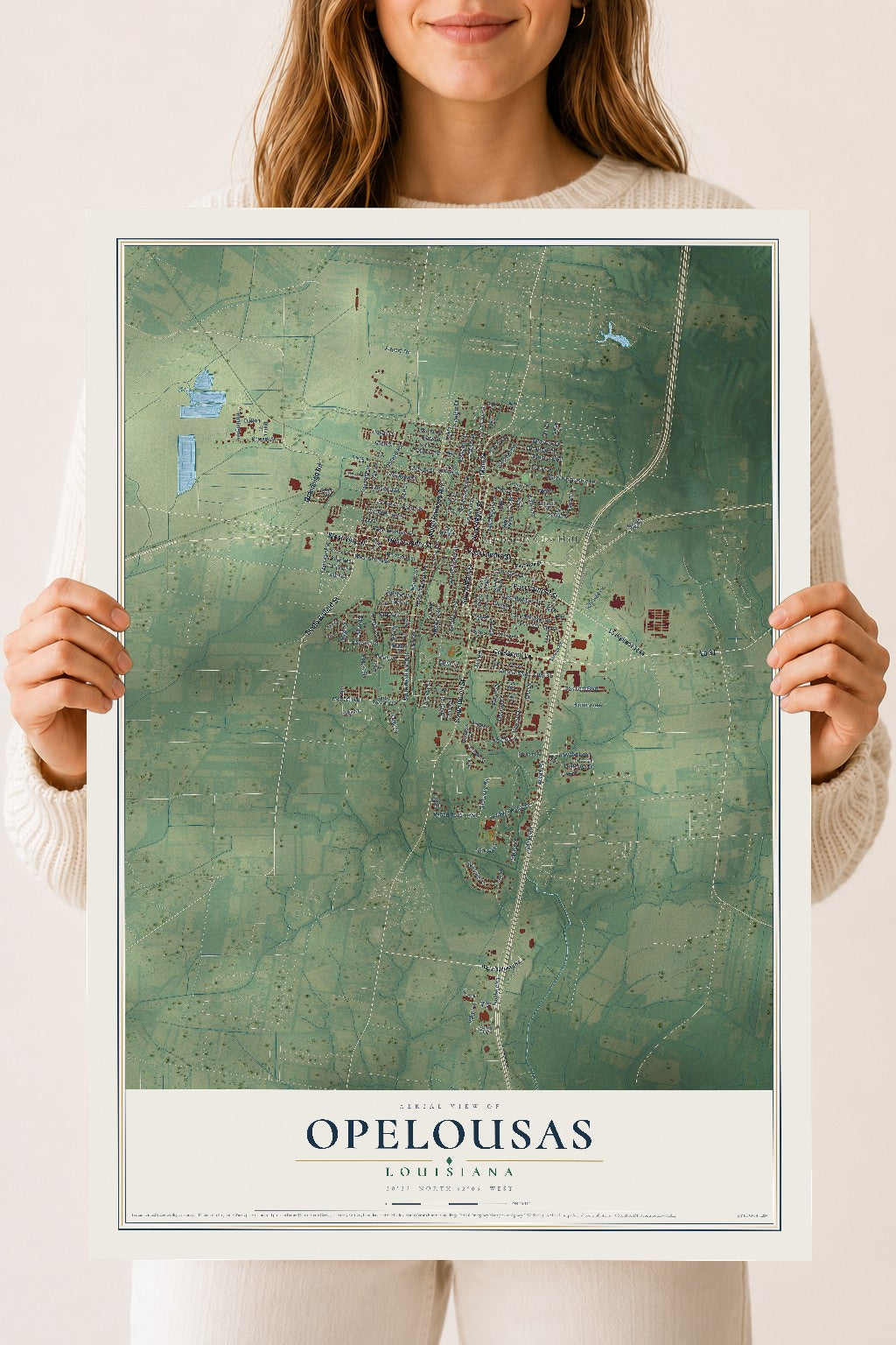 Map of Opelousas, Louisiana, 18 x 24 inch unframed archival matte print