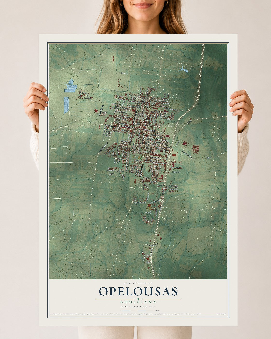 Map of Opelousas, Louisiana, 24 x 36 inch unframed archival matte print