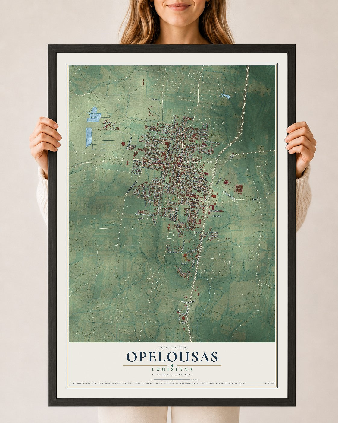 Map of Opelousas, Louisiana, 24 x 36 inch print in a black wood frame