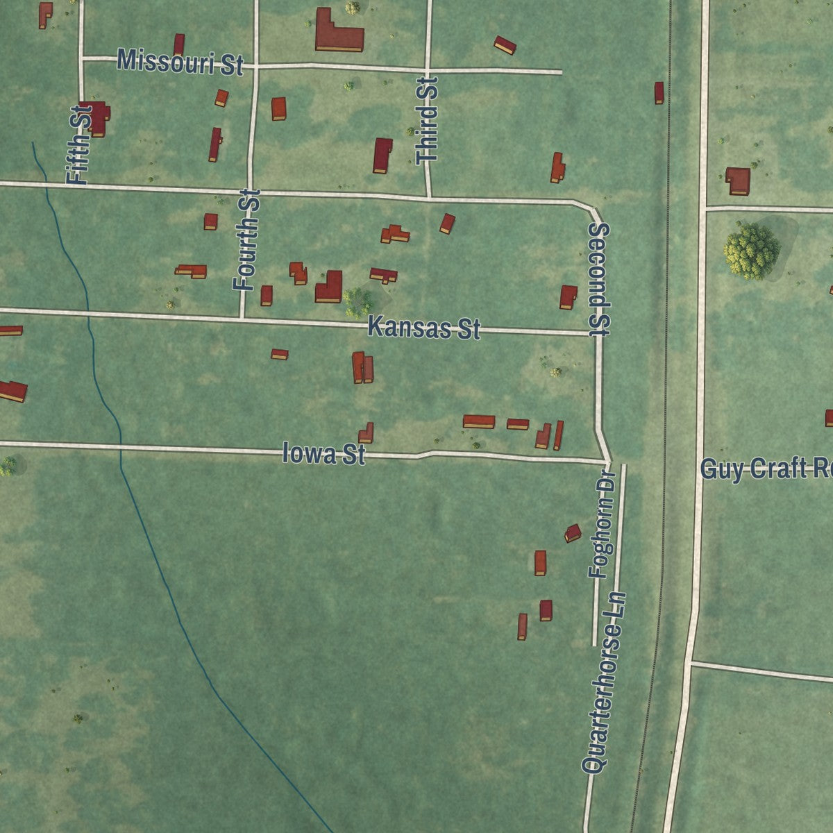 Close-up of the map of Oretta, Louisiana print showing street and building detail