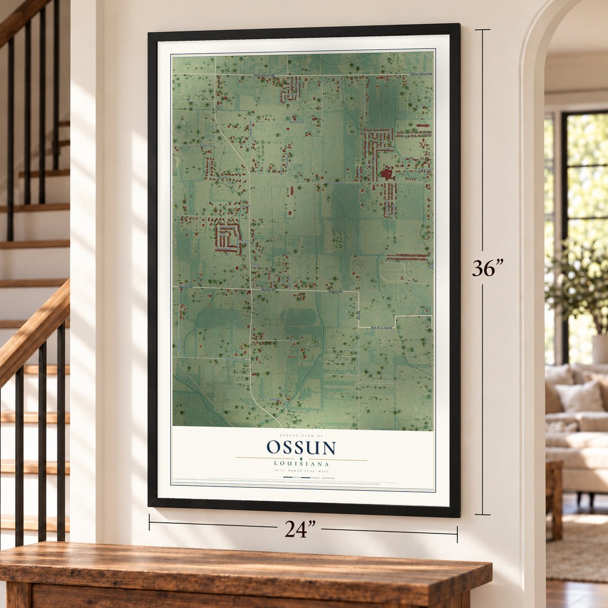 Ossun, Louisiana map, 24 x 36 inch print in a black frame by a staircase