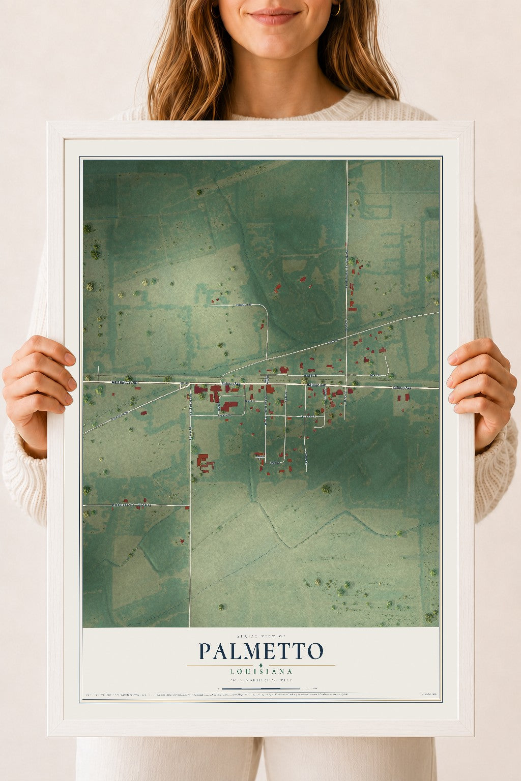 Map of Palmetto, Louisiana, 18 x 24 inch print in a white wood frame